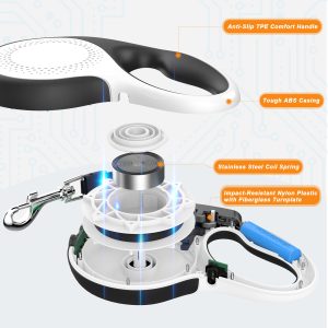 Retractable Dog Leash with LED Light for Small Medium Dogs; QKAMOR 16FT/5M; 360° Tangle-Free Reflective Heavy Duty Nylon Tape Up to 66 lbs Dogs
