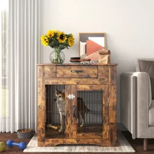 Furniture Style Dog Crate End Table with Drawer; Pet Kennels with Double Doors; Dog House Indoor Use; Rustic brown.