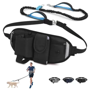 Hands Free Dog Leash with Waist Bag for Walking Small Medium Large Dogs; Reflective Bungee Leash with Car Seatbelt Buckle and Dual Padded Handles; Adjustable Waist Belt