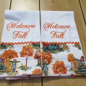 Embroidered Fall tea towel