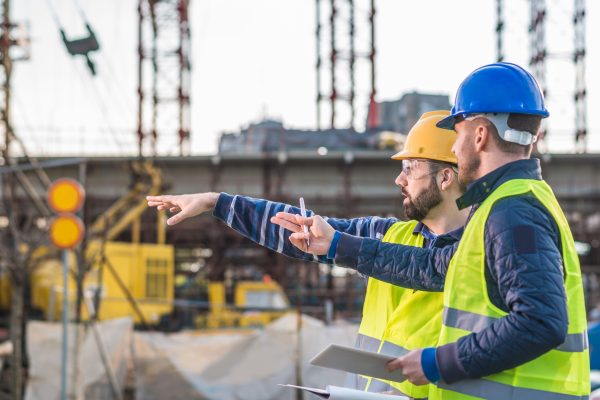 Engineers and contractors on construction site, following the progess of bridge and road infrastructure development. Two experts on construction platform in reflective wear with hardhats discussing project phases and successful previous developments. Image taken with Nikon D800 and 85mm lens, developed from RAW in XXXL size. Location: Central Europe, Europe